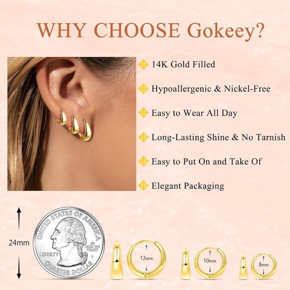 Small Gold Chunky Hoop Earrings Set for Women, Hypoallergenic 14K Gold Plated, L - Picture 4 of 8